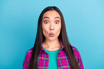 Sticker - Portrait of shocked person lips speechless look camera plaid magenta outfit isolated on blue color background