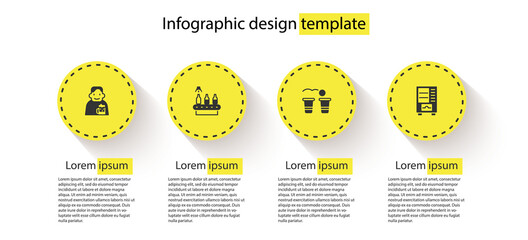 Sticker - Set Happy man with beer, Conveyor band,, Beer pong game and Vending machine. Business infographic template. Vector.