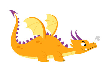 Wall Mural - Cute Orange Little Dragon, Funny Baby Dinosaur Fairy Tale Character Cartoon Style Vector Illustration