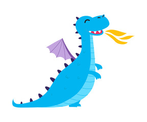 Sticker - Cute Little Blue Baby Dragon Spitting Fire, Funny Fantastic Creature, Fairy Tale Character Cartoon Style Vector Illustration