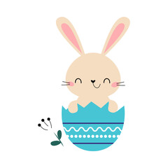 Sticker - Cute Little Bunny Sitting in Eggshell, Adorable Pink Easter Rabbit, Easter Egg Hunt Card, Poster, Invitation Template Cartoon Style Vector Illustration