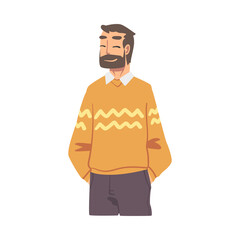 Sticker - Cheerful Bearded Young Man Wearing Casual Clothes Flat Style Vector Illustration