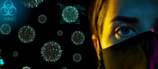Poster - health, safety and pandemic concept - young woman wearing reusable protective mask over coronavirus virions on black background