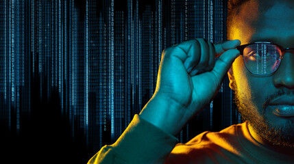 technology, cyberspace and programming concept - portrait of young african american man over binary code numbers on black background