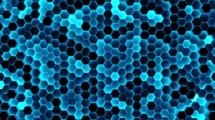 Wall Mural - Abstract white background of moving hexagons. Monochrome futuristic pattern in blue and black colors. Looped animation. 3d rendering.