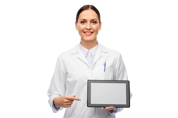 Poster - medicine, profession and healthcare concept - happy smiling female doctor or scientist in white coat with tablet pc computer