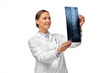 © Syda Productions - medicine, radiology and healthcare concept - happy smiling female doctor in white coat with x-ray scan image of spine