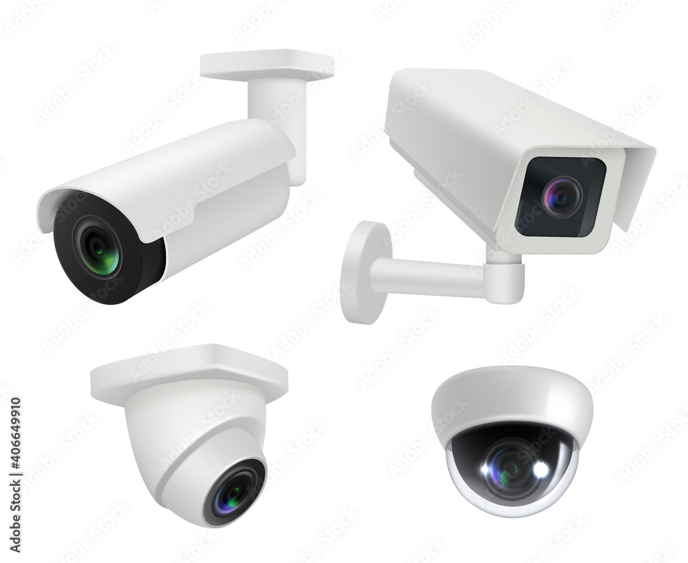 Security camera. Realistic cctv home wireless electronic inspection cameras decent vector illustrations. Video cctv camera, electronic equipment to monitoring - obrazy, fototapety, plakaty 