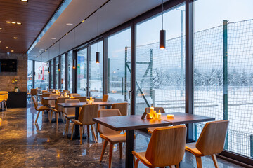 Wall Mural - Interior of an empty mountain restaurant with marble floor