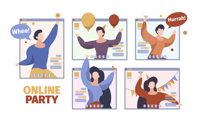 Sticker - Online party. Happy people celebrated at video conference method festival on monitor screen business characters digital celebration birthday vector concept. Screen celebration online illustration