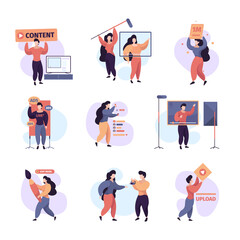 Aufkleber - Blogger lifestyle. Video streaming broadcasting content makers creative people writers showing selfie garish vector flat characters. Streaming online, media influencer, social stream illustration