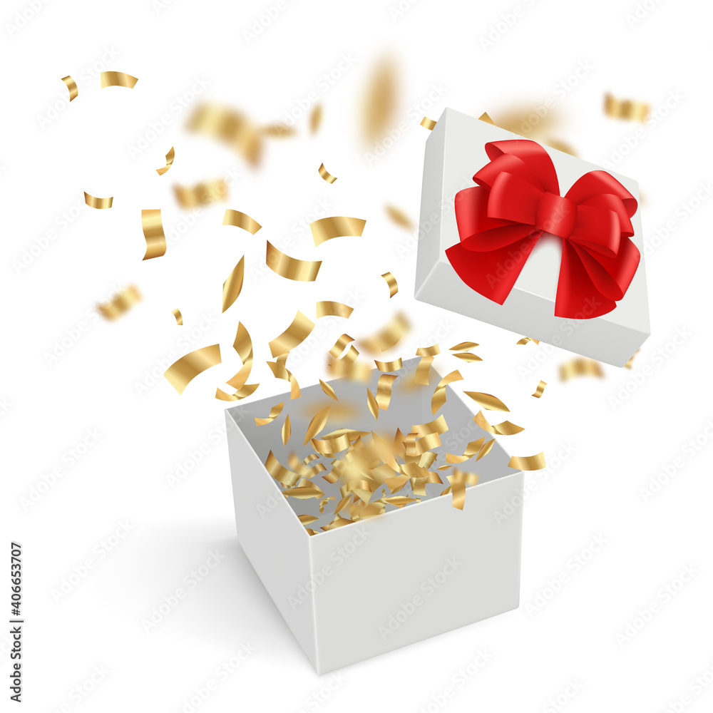 Surprise boxes. Opened gift cardboard containers with explode confetti ...