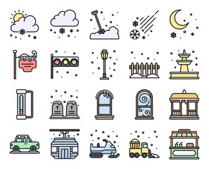 Winter City related filled vector icon set 2