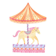 Carousel With A Yellow Horse Under A Large Multi-colored Tent. Watercolor Drawing.