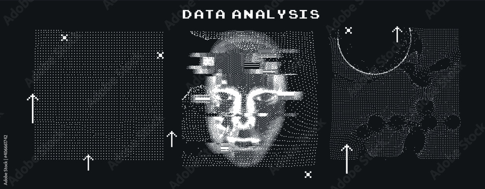 Abstract technology background with 3d face mask made of particles ...