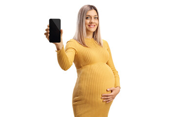 Canvas Print - Smiling pregnant woman showing a mobile phone