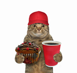 A beige cat in a red cap holds a chocolate cupcake and a paper cup of coffee. White background. Isolated.