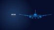 3d airplane isolated in dark blue. Abstract vector wireframe of airliner. Travel, tourism, business, airline transportation concept. Low poly glowing mesh with dots, lines, stars and flying particles 