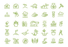 Set Of Icons. Growing Seedlings Plant Shoots. Agriculture And Gardener. Biotechnology Plants. Sowing Seeds. Vector Contour Green Line.