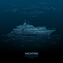 Digital Polygonal 3d Illustration Of Yacht In The Sea. Yachting Sport, Sailing, Business, Travel Concept In Dark Blue. Abstract Vector Mesh Wireframe Consisting Of Lines, Dots And Flying Particles