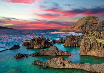 Wall Mural - Porto Moniz natural pools area on the coast of Madeira island at sunset, Portugal