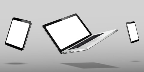 Laptop, mobile phone and tablet floating over grey background