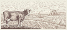 Cow, Against The Background Of A Rural Landscape With A Farm, Illustration In A Graphic Style.