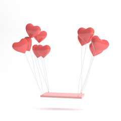 Poster - Minimal scene of floating swing chair with red balloon in heart shape. 3D rendering