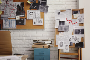 Wall Mural - Boards with crime scene photos and maps near white brick wall in detective office