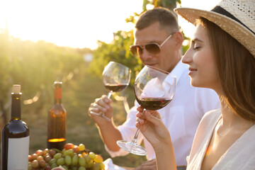 Poster - Couple tasting red wine at vineyard on sunny day