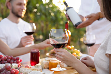 Friends holding glasses of wine and having fun in vineyard, closeup