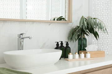 Poster - Bathroom counter with stylish vessel sink and toiletries. Interior design