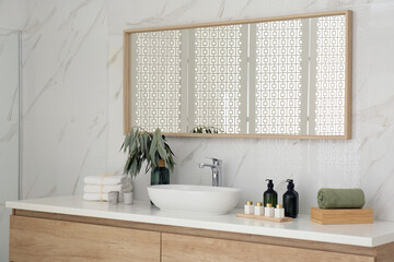 Poster - Modern bathroom interior with stylish mirror and vessel sink