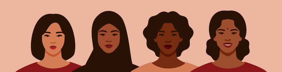 Wall Mural - Four women of different ethnicities and cultures stand side by side together. Strong and brave girls support each other and feminist movement. Sisterhood and females friendship. Vector illustration