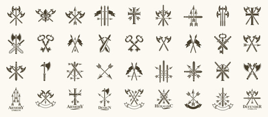 Wall Mural - Weapon logos big vector set, vintage heraldic military emblems collection, classic style heraldry design elements, ancient knives spears and axes symbols.