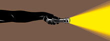 Hand With Flashlight Vector Concept Trendy Illustration, With Copy Space For Text Message, Highlighting Searching And Discovering.