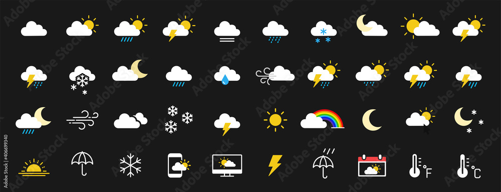 Set of 40 weather web icons in line style. Weather , clouds, sunny day, moon, snowflakes, wind, sun day. Vector illustration. - obrazy, fototapety, plakaty 