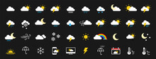 Set Of 40 Weather Web Icons In Line Style. Weather , Clouds, Sunny Day, Moon, Snowflakes, Wind, Sun Day. Vector Illustration.
