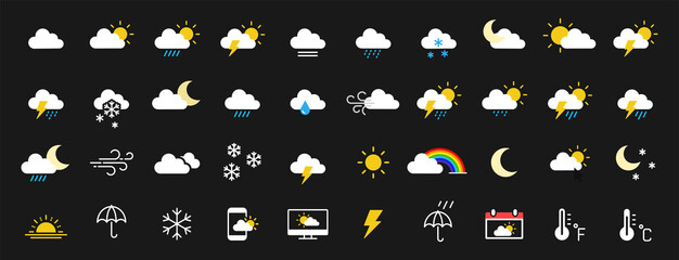 set of 40 weather web icons in line style. weather , clouds, sunny day, moon, snowflakes, wind, sun 