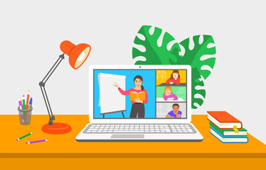 Fototapete - Virtual class online school distance learning teleconference. Kids stay home watching young woman teacher video lesson. Remote education during coronavirus pandemic. Learning school program from home