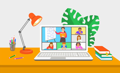 Fototapete - Virtual class online school distance learning teleconference. Kids stay home watching young woman teacher video lesson. Remote education during coronavirus pandemic. Learning school program from home