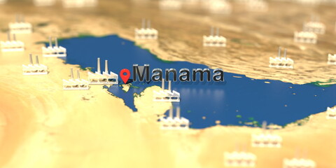 Wall Mural - Manama city and factory icons on the map, industrial production related 3D rendering