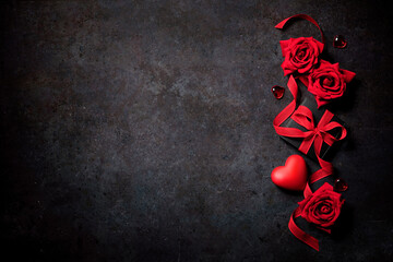 Sticker - Valentines day red roses and gift box arranged on a dark background