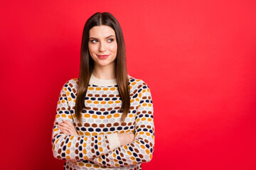 Sticker - Photo portrait of curious girl looking empty space crossed hands isolated bright red color background