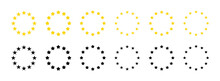Star Icons In Circle. Gold And Black European Logos On White Background. EU Flag. 12 Yellow Stars For Europe Union. Badges Of Euro Military, Community, Economic And Council. Eurozone Market. Vector