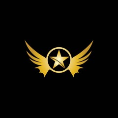 Wall Mural - Gold Winged Star Logo Vector in Elegant Style with Black Background