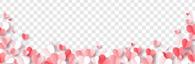 Red, Rose Pink And White Hearts Border Isolated On Transparent Background. Vector Illustration. Paper Cut Decorations For Valentine's Day Design