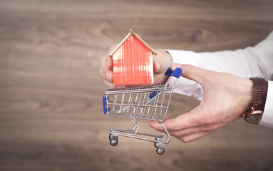 Wall Mural - Man holding shopping cart and wooden house model.