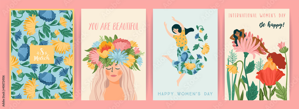 International Women s Day. Set of vector templates with cute women and flowers for card, poster, flyer and other - obrazy, fototapety, plakaty 