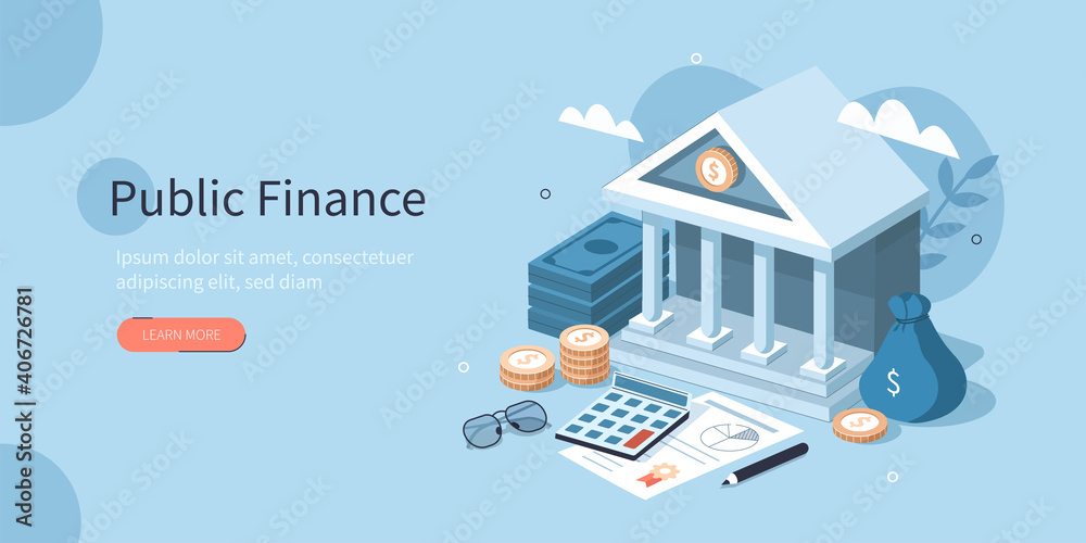 Coins, Banknotes, Financial Documents Lying Near Government Finance Department or Tax Office Column Building. Public Finance Audit Concept. Flat Isometric Vector Illustration. - obrazy, fototapety, plakaty 